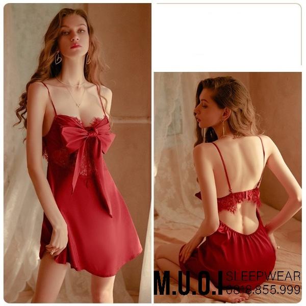 Váy ngủ sexy Quảng Châu- Sx 98 Váy ngủ lụa nơ lớn phối ren tôn dáng ngực QCCC Muối Sleepwear-sẵn