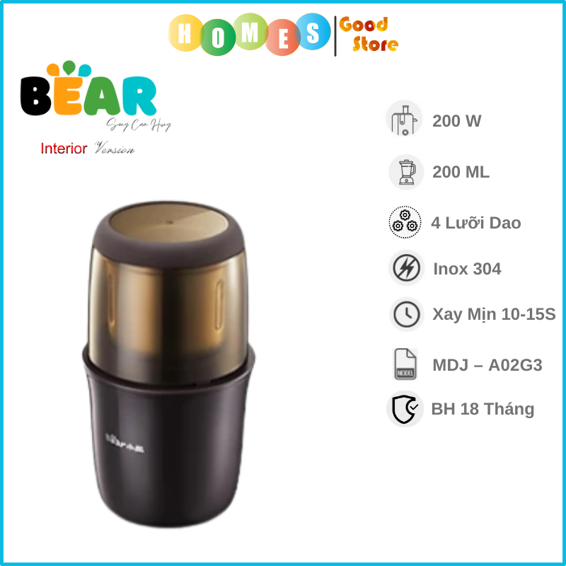 Máy Xay Thực Phẩm Khô BEAR MDJ-A01Y1 (MDJ-A02G3) Xay Cực Mịn, Dung Tích 200 ML, Công Suất 200W- Hàng Chính Hãng