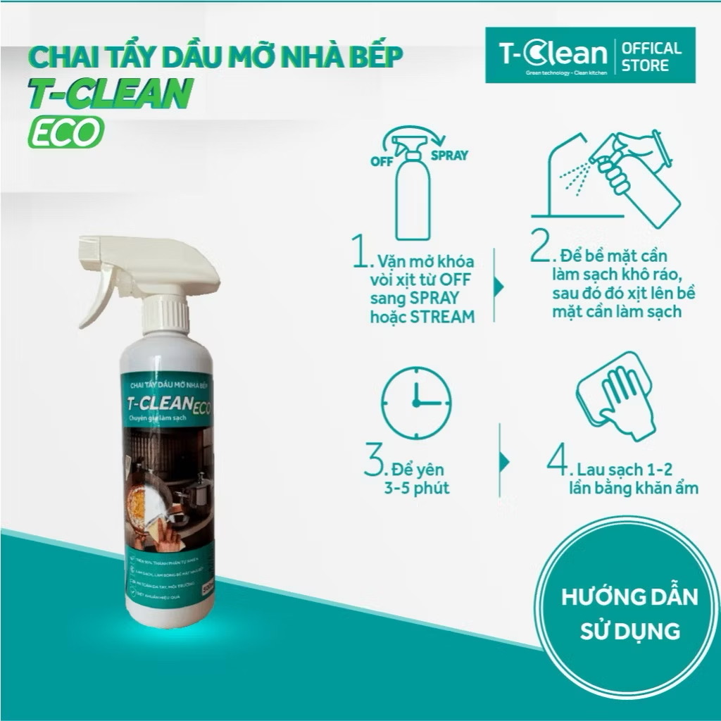 Xịt Vệ Sinh Nhà Bếp - Tẩy Dầu Mỡ T-Clean - Tp Tự Nhiên - Làm Sạch Bếp, Sạch Nồi, Sạch Lò - An Toàn