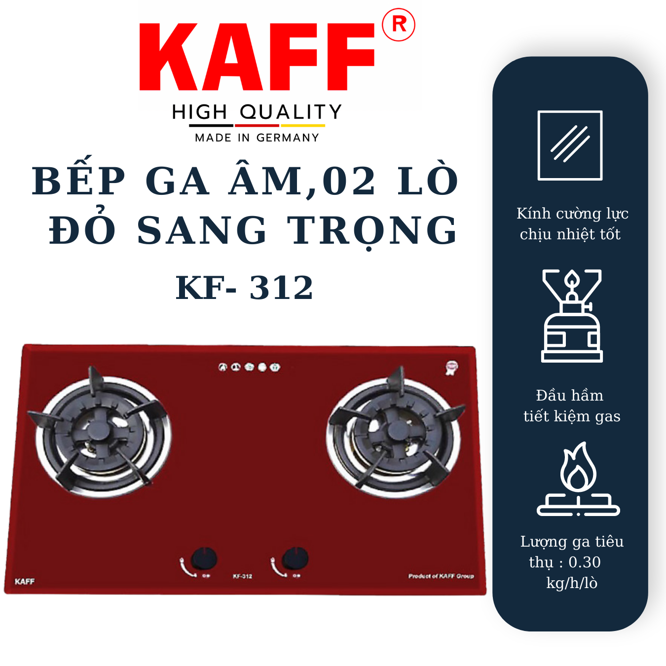 Bộ Bếp ga âm đỏ sang trọng KAFF KF- 312 bao gồm: Bếp ga + chảo chống dính cao cấp + bộ van ga - Hàng chính hãng