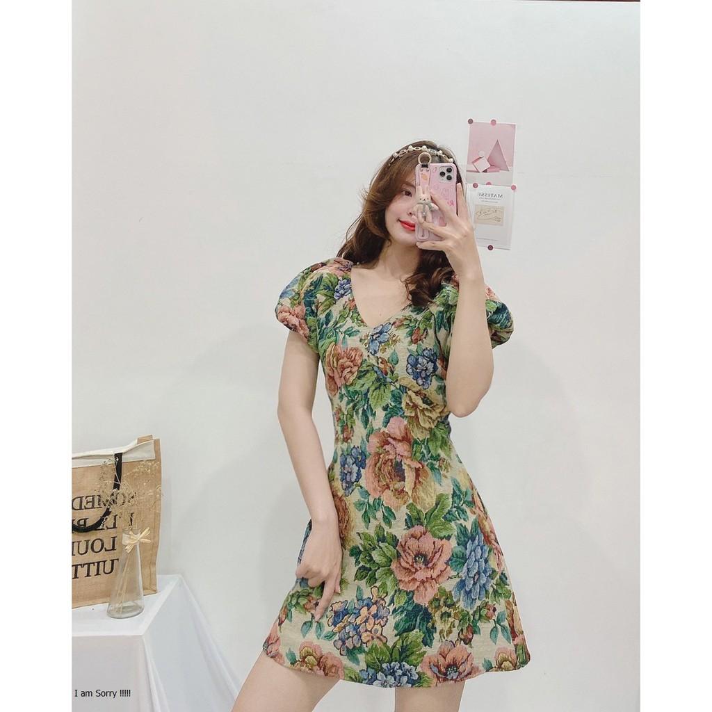 ĐẦM DỰ TIỆC GẤM IN HOA CỔ TIM TAY PHỒNG DÁNG XÒE