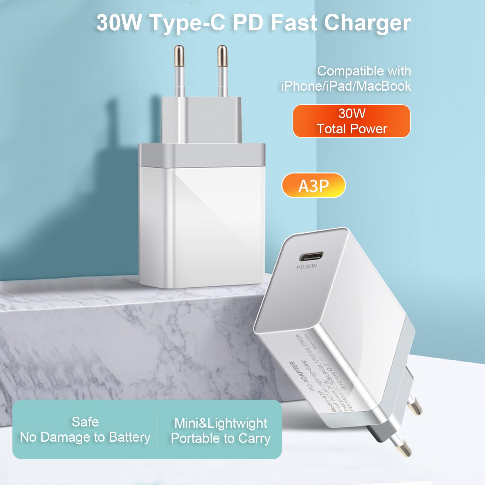 Bộ sạc nhanh 30W Type-C PD Bộ chuyển đổi sạc nhanh USB C QC3.0 Tương thích với iPhone 12 Pro 11 X Xs 8 Macbook Pro Air iPad
