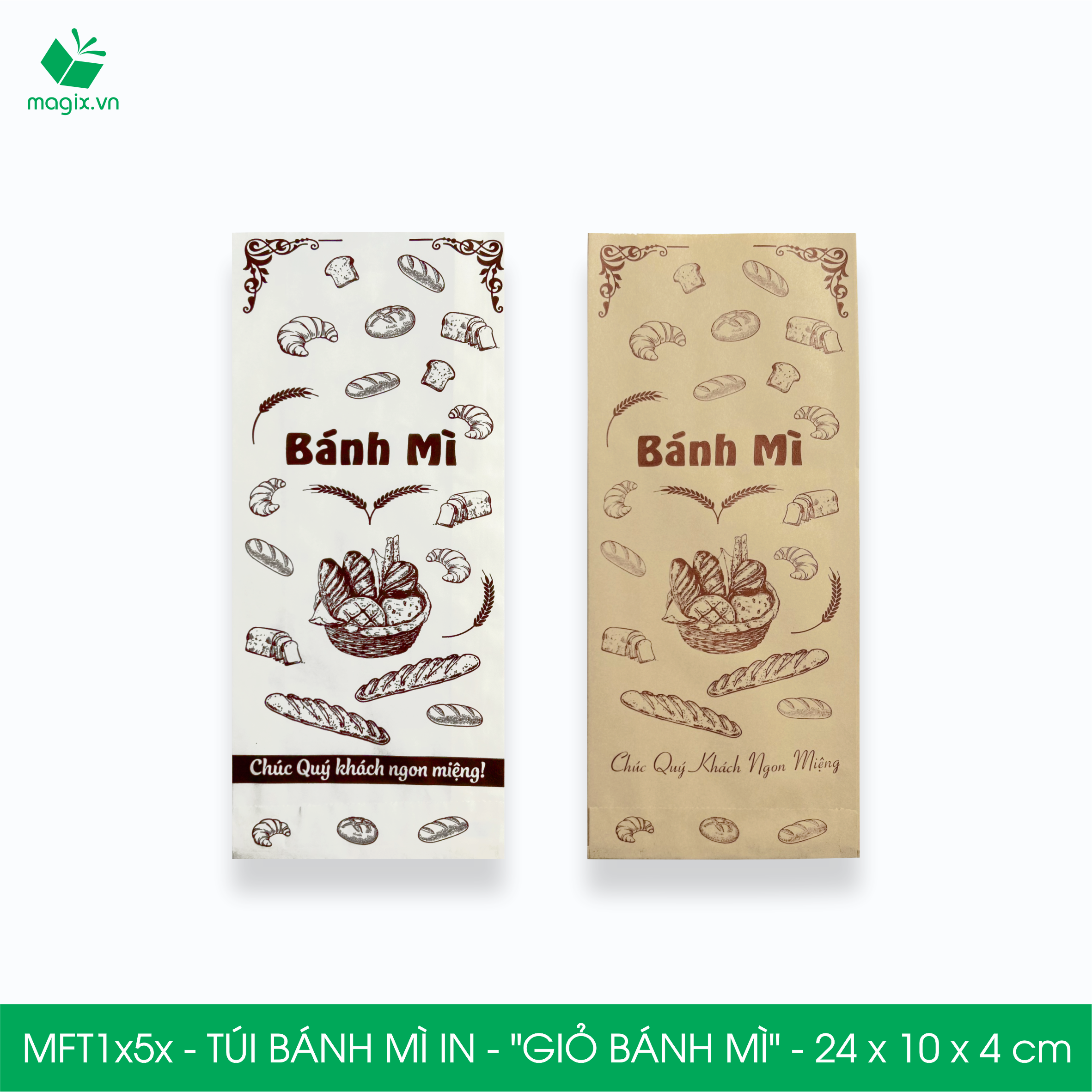 Combo 100 Túi bánh mì 24x10x4 cm, in sẵn họa tiết GIỎ BÁNH MÌ - Bao bánh mì Túi giấy thực phẩm an toàn