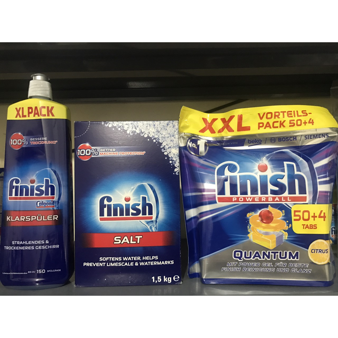 Bộ gồm viên rửa bát finish quantum 54 viên+nước làm bóng bát finish 750ml+muối rửa bát finish 1,5kg