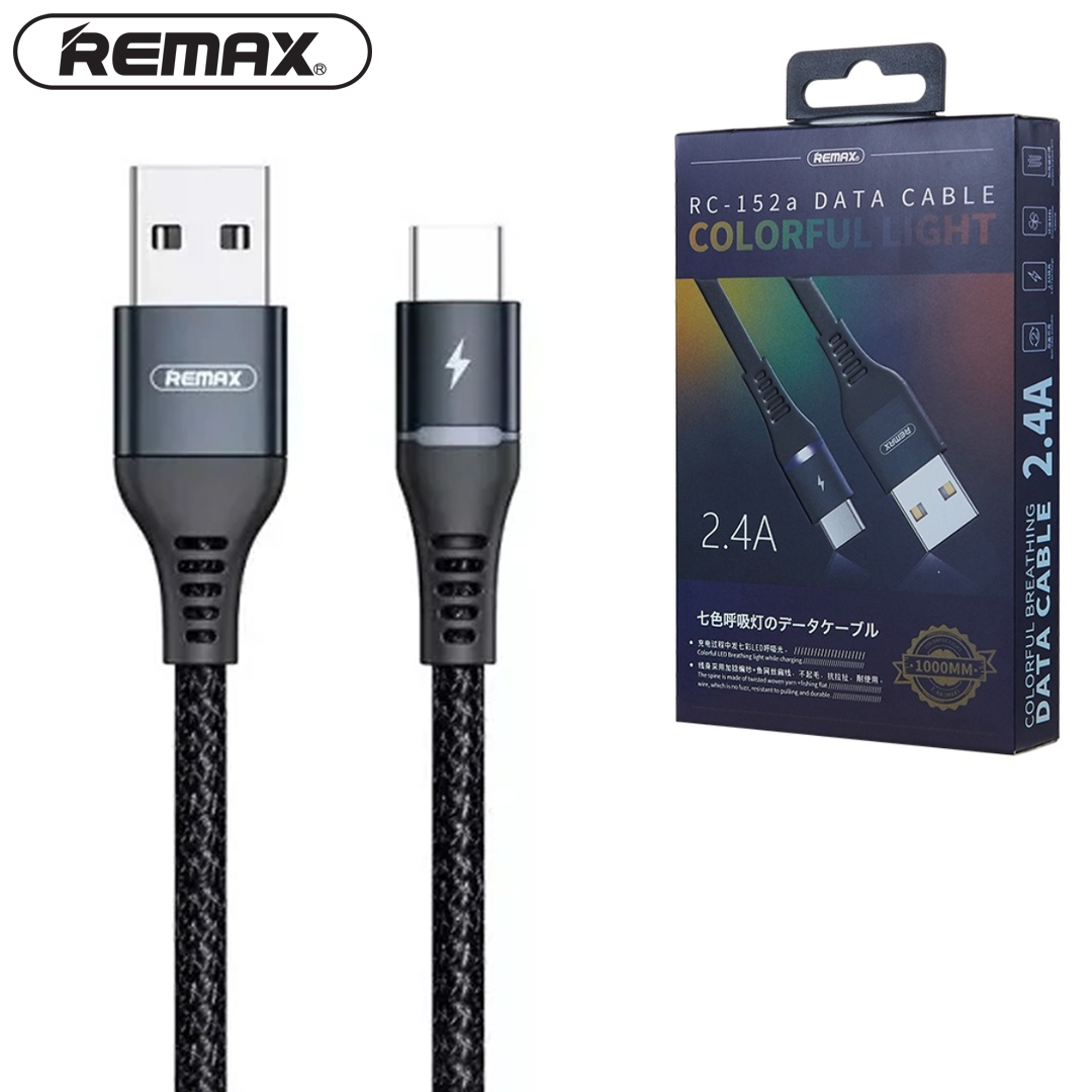 Cáp sạc nhanh Remax RC-152a USB Type-C 2.4A và truyền dữ liệu dùng cho samsung, Xiaomi, Oppo, Vivo, Realme, Poco,..  có báo đèn led- Hàng chính hãng