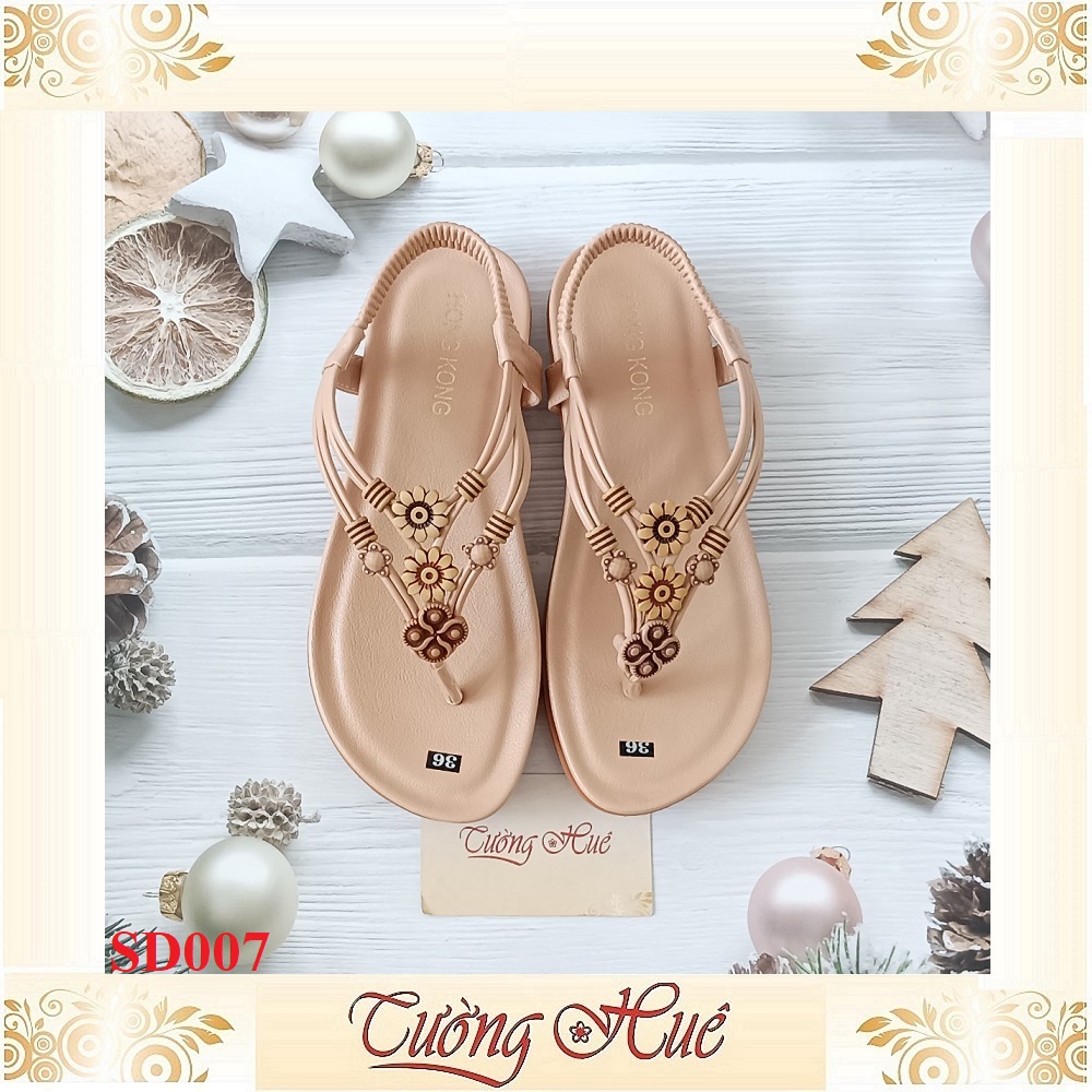 [Ảnh Thật 100%] Sandal Nữ Xỏ Ngón Quai Đính Hoa Đế Bệt - SD007