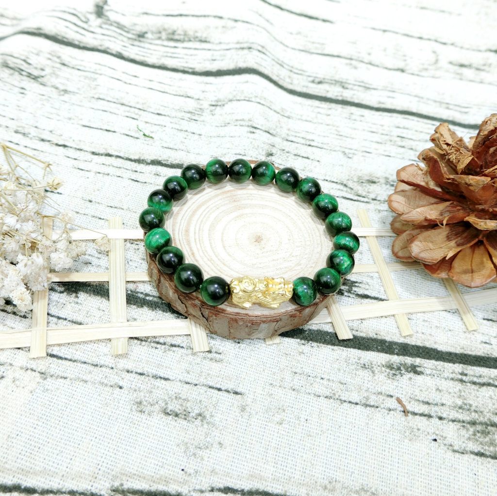 Vòng Tay Phong Thủy Mắt Hổ  Xanh Lá  Tỳ Hưu Mạ Vàng 24 K - Tăng Vượng Khí - Chiêu Tài Bốn Phương - Hợp Mệnh Mộc , Hỏa