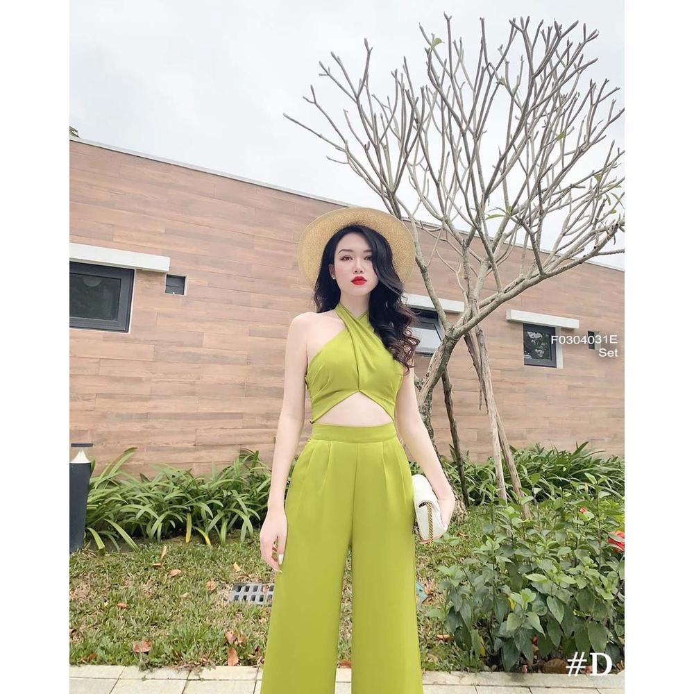 Set lụa áo croptop ngực đắp chéo cổ yếm phối quần suông