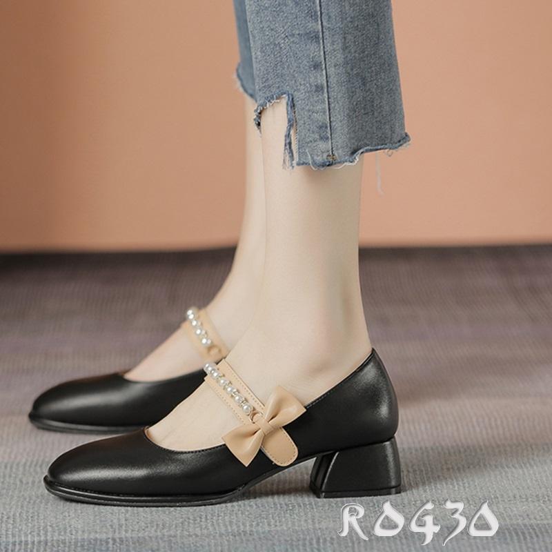 Giày cao gót nữ đẹp đế vuông 4 phân hàng hiệu rosata hai màu đen kem ro430