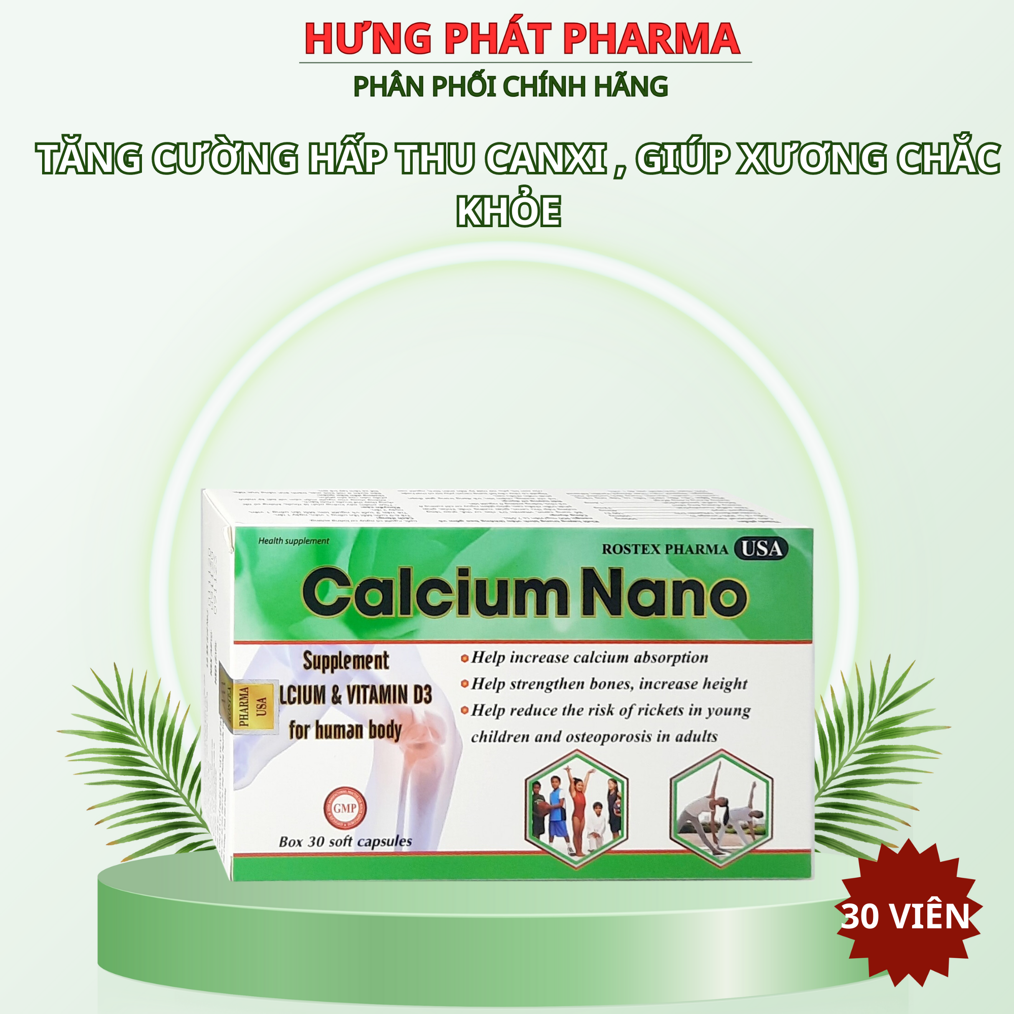 Viên uống Calcium nano Vitamin D3 Rostex pharma USA giúp tăng cường hấp thu canxi, giúp xương chắc khỏe- Hộp 30 viên