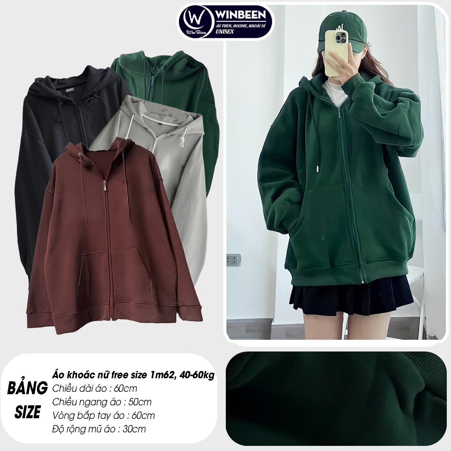 Áo KHOÁC Hoodie TRƠN 4 Màu Nam Nữ Ulzzang Unisex Oversize, Tay Phồng, Mũ 2 lớp dầy WinBeen