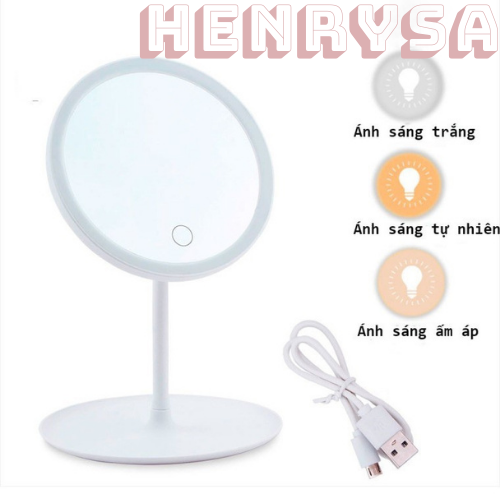 Hình ảnh Gương trang điểm để bàn có đèn led cảm ứng 3 chế độ sáng kèm sạc USB - Chính Hãng Henrysa