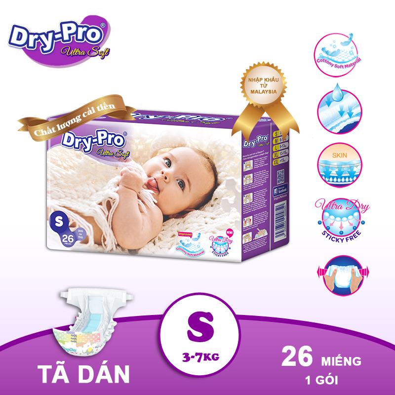 Tã/bỉm dán Dry-Pro siêu mềm nhập khẩu Malaysia size S (3kg - 7kg) - Gói 26 miếng