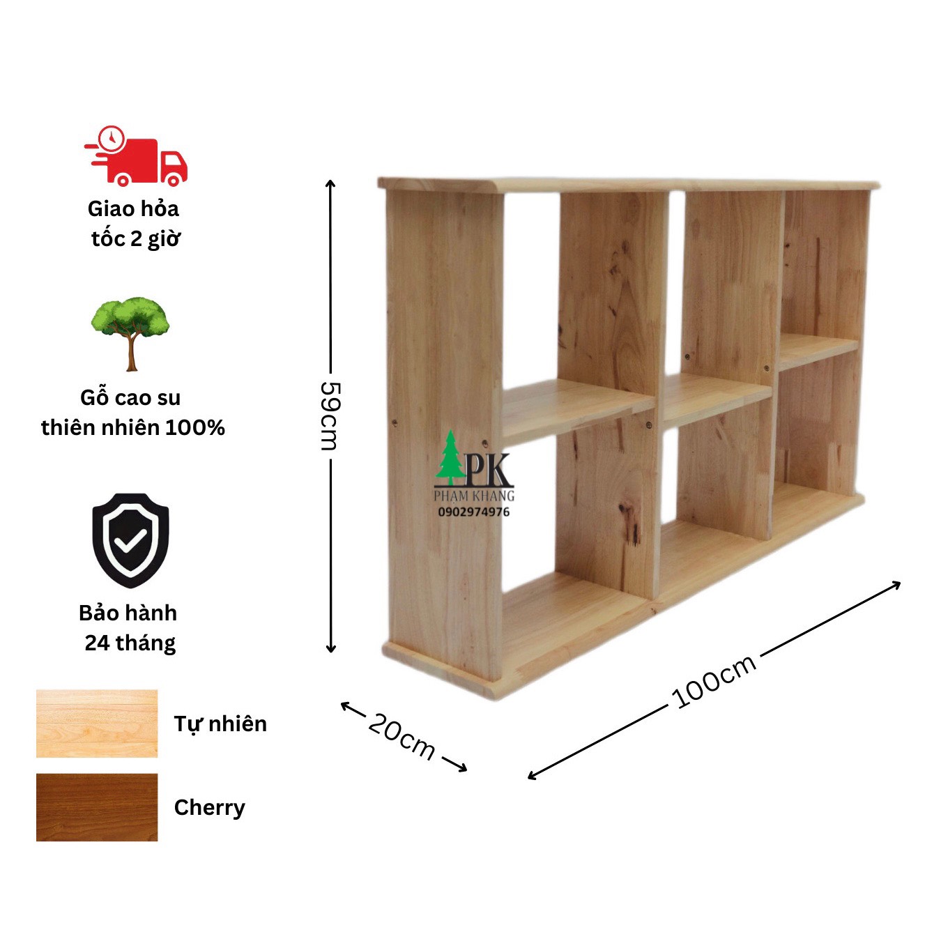 Kệ sách gỗ treo tường/ để bàn Phạm Khang rộng - Gỗ cao su tự nhiên màu Gỗ Tự Nhiên/ Vàng Cherry - Kích thước rộng 100 cm