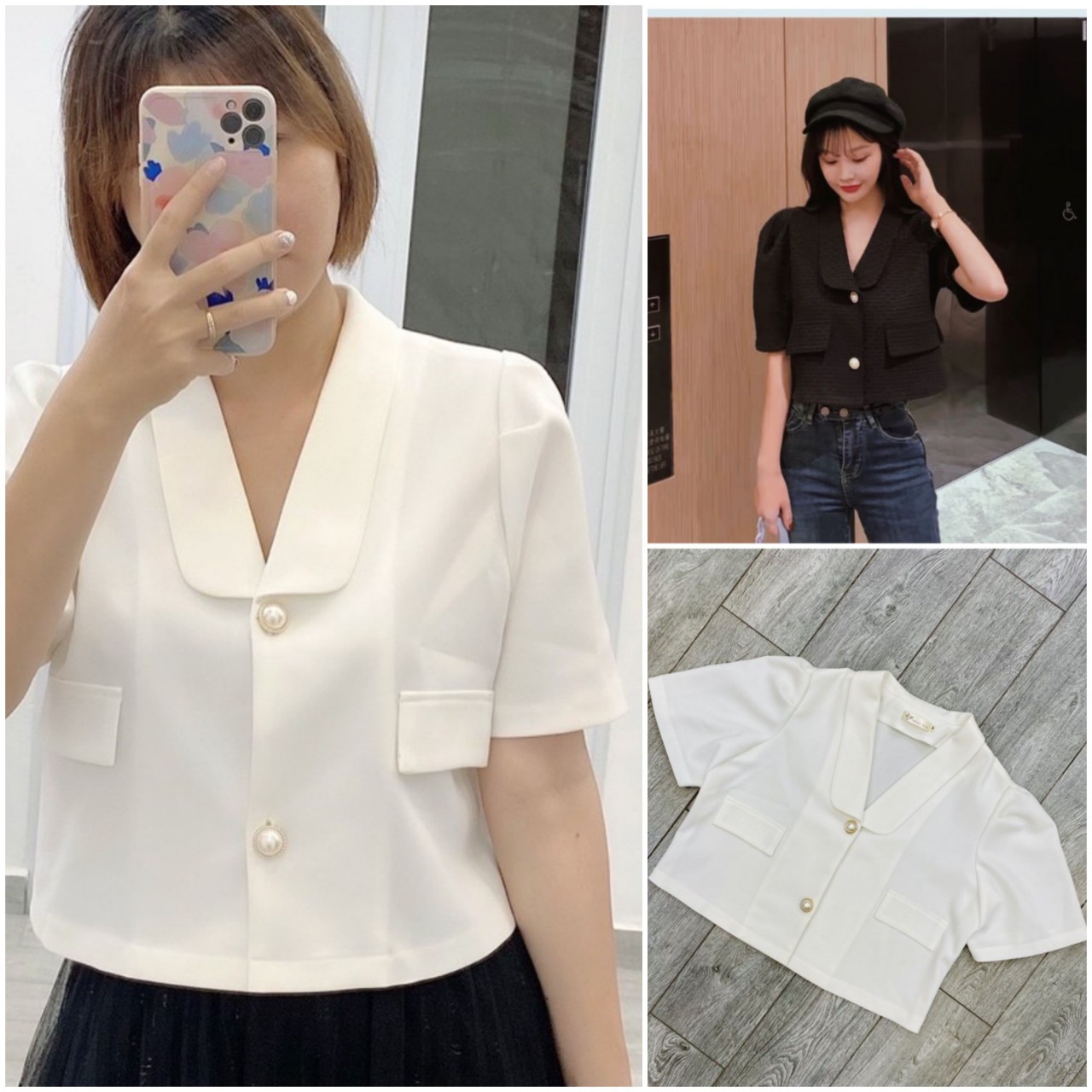 Áo croptop dáng suông cộc tay 2 khuy ngọc siêu xinh