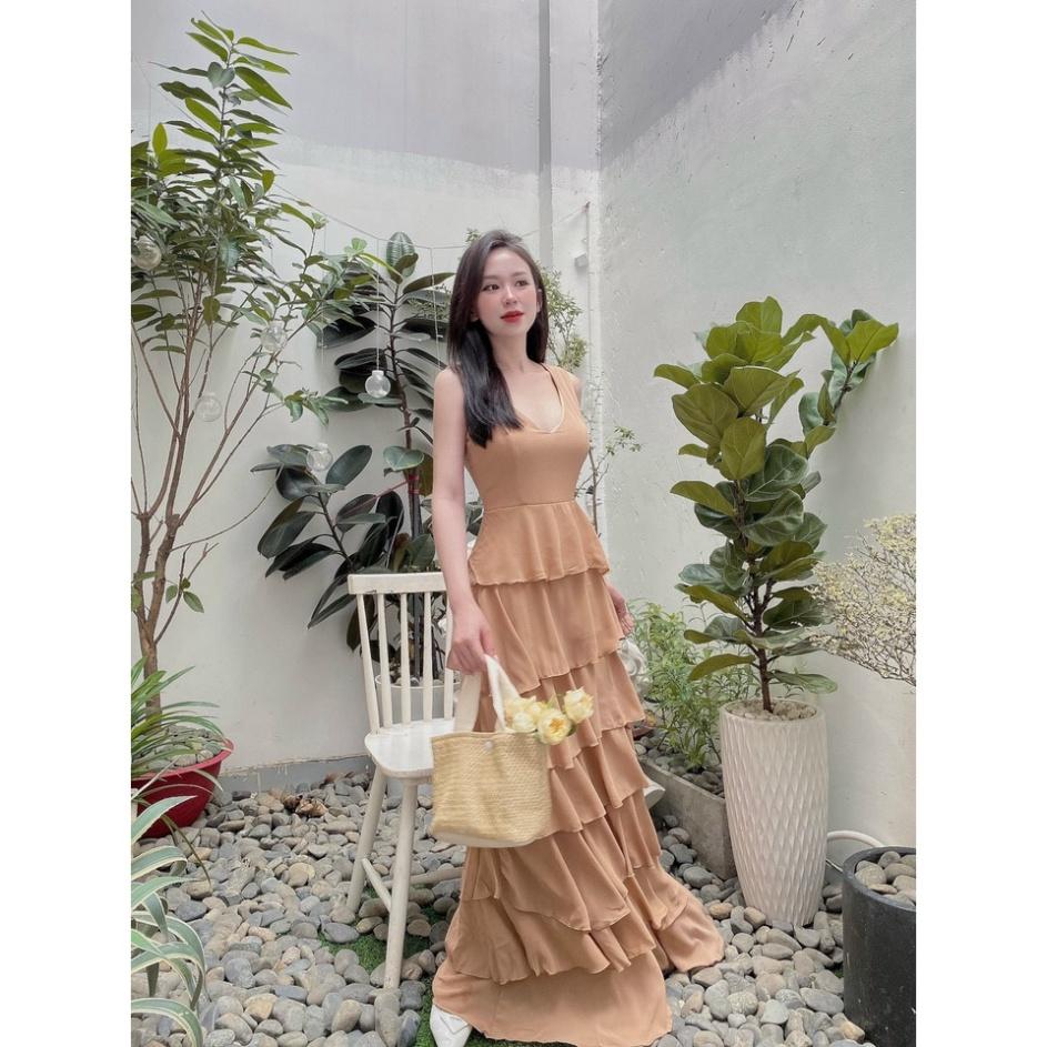 Đầm váy maxi voan tầng trắng nude kem hồng cổ V Ivy.fashion đi biển dự tiệc dạo phố bigsize gợi cảm sexy