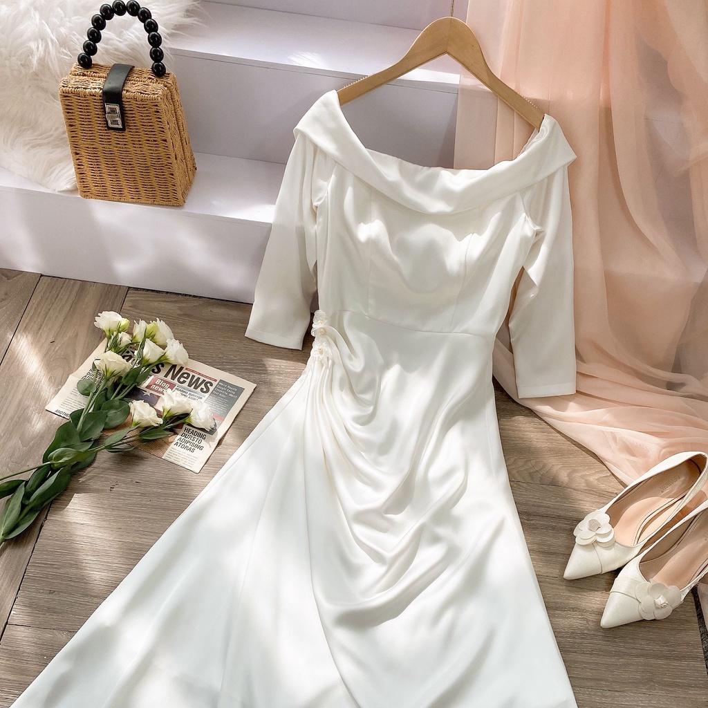 Váy trắng trễ vai dáng dài thiết kế chính hãng GIIAN, đầm maxi nhún eo cho cô dâu, dự tiệc chất lụa sang trọng - V2426