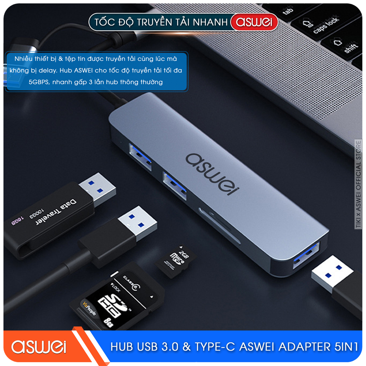 Hub USB 3.0 Và Hub Type C ASWEI 5 in 1 To USB 3.0, SD, TF - Hàng Chính Hãng