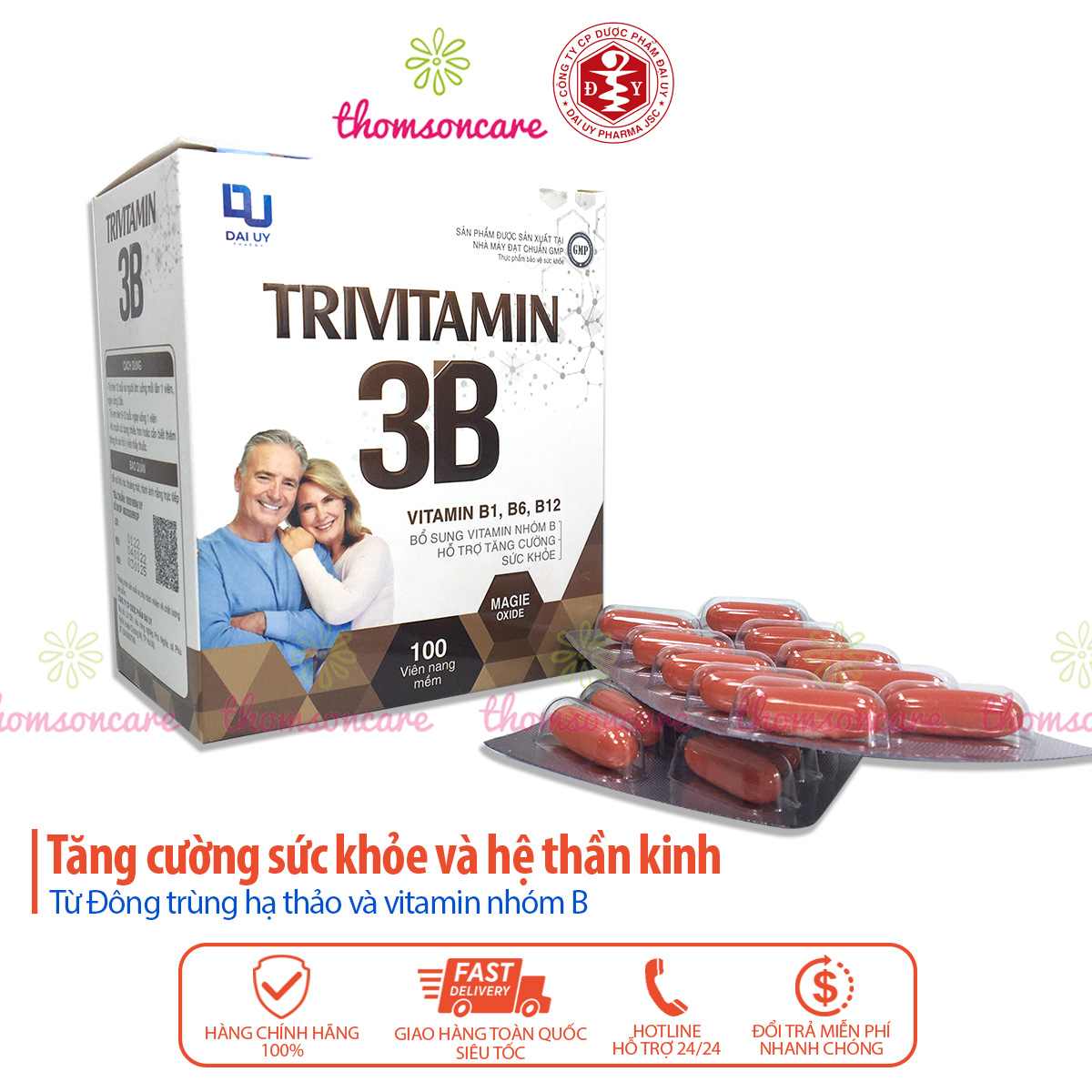 Bổ sung vitamin nhóm B - Trivitamin 3B - Hỗ trợ tăng cường sức khỏe, giảm mệt mỏi, chán ăn, người gầy ốm - Hộp 100 viên nang mềm Đ.y
