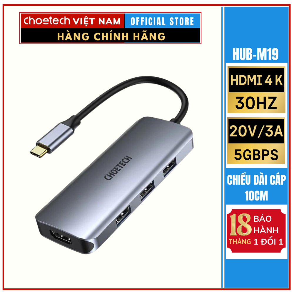 Hub chuyển đổi Type C 7 in 1 Choetech HUB-M19 (Type-C to HDMI+ USB*3+ PD 100W +SD/TF)- Hàng chính hãng