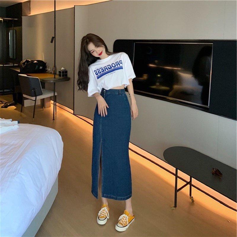 Chân Váy Jeans Nữ Cúc Lệch Xẻ Tà Cạp Cao Dáng Dài 3 Màu Full Size