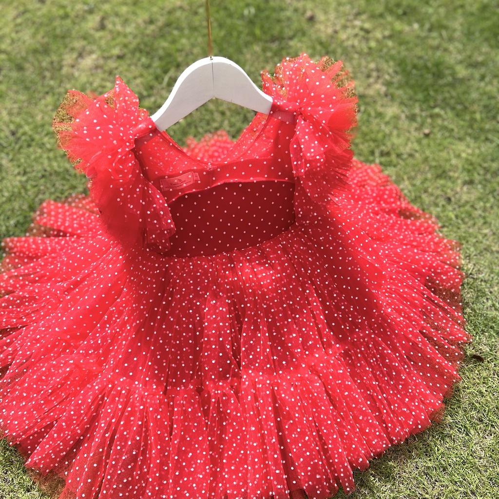 Váy công chúa đầm công chúa thiết kế chấm bi đỏ xẻ lưng kẹp nơ cho bé gái từ 1 -10 tuổi tại Mom's choice
