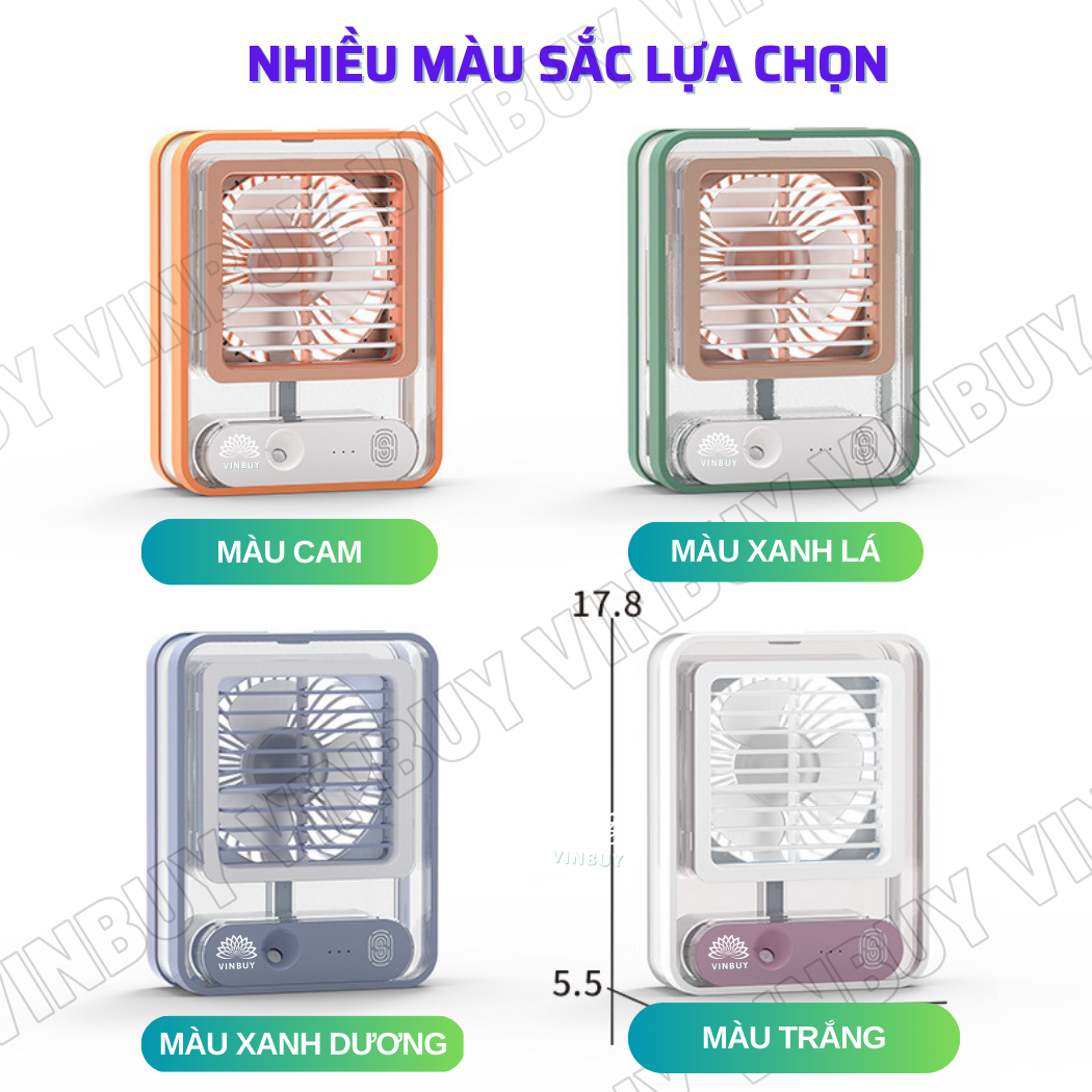 Quạt tích điện mini để bàn phun sương hơi nước phù hợp gia đình, văn phòng, nhỏ gọn cầm tay, có pin, đèn ngủ - Hàng chính hãng VinBuy