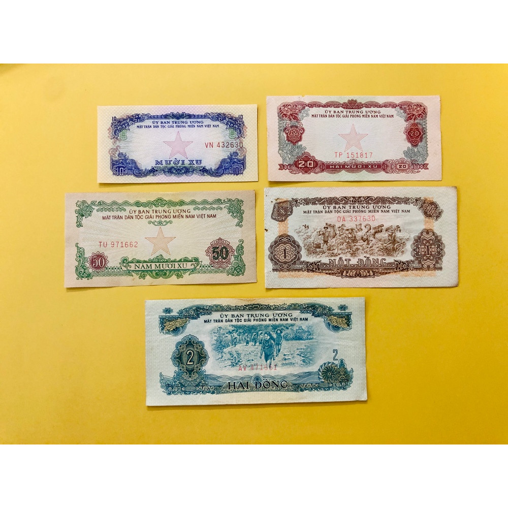 Set 5 tờ tiền cổ Việt Nam 10 20 50 xu 1 2 đồng thời mới giải phóng , chất lượng tuyệt đẹp kèm 1 bao lì xì The Merrick Mint