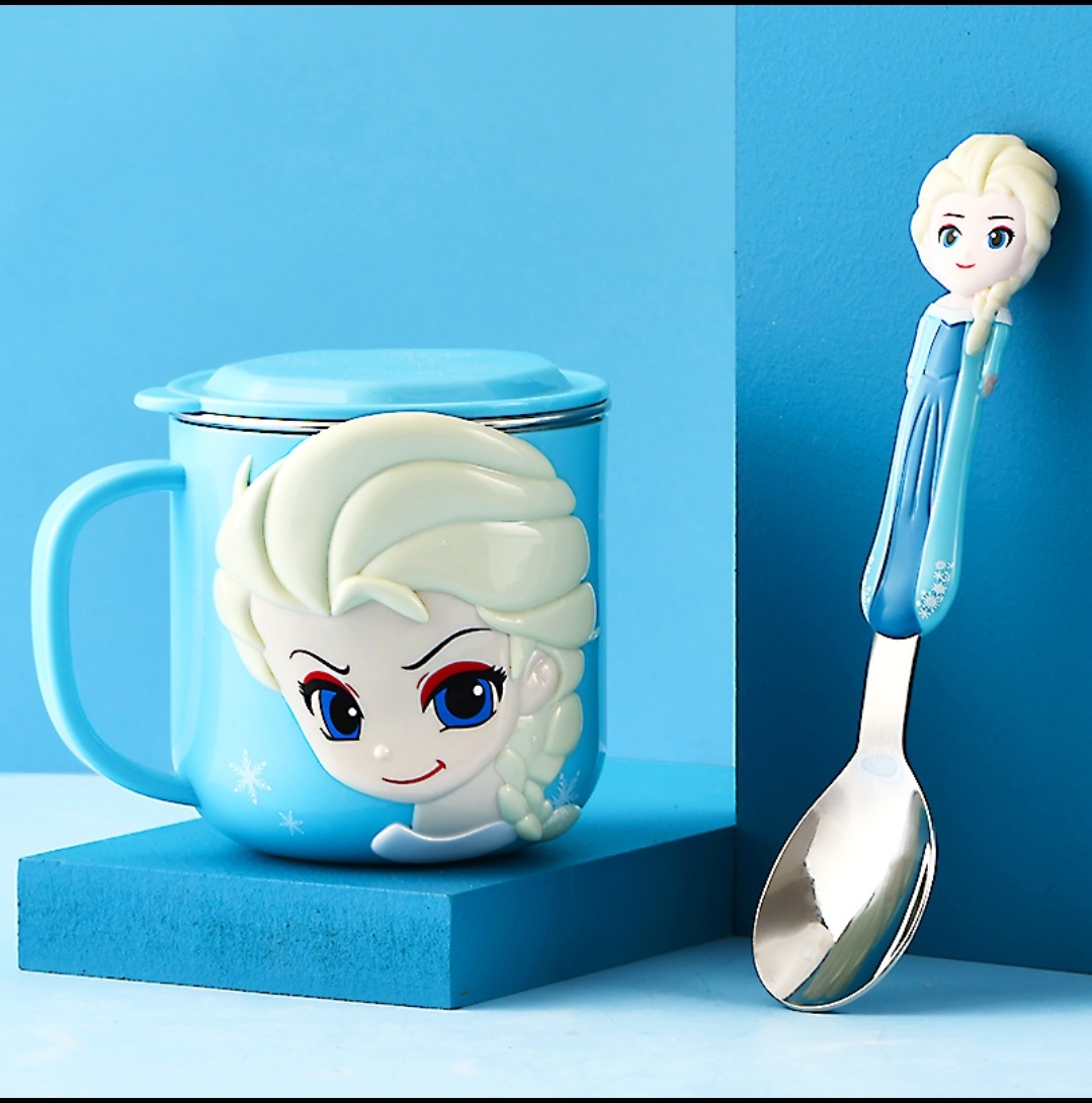Set 2 món ly giữ nhiệt inox kèm muỗng Disney Frozen Elsa cho trẻ em