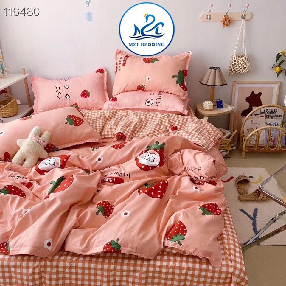 Bộ chăn ga gối Cotton poly M2T bedding quả dâu baby, vỏ chăn mền, drap giường và 2 vỏ gối