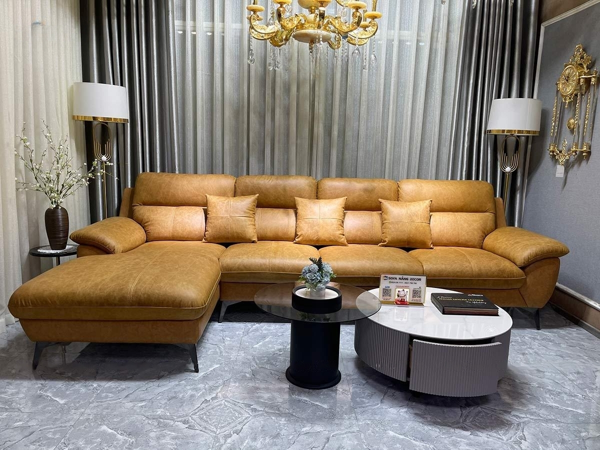 Sofa góc L da bò Italy Juno sofa màu vàng SFLCT01 3m3 x 1m6 hàng cao cấp chuẩn da bò nhập khẩu Ý