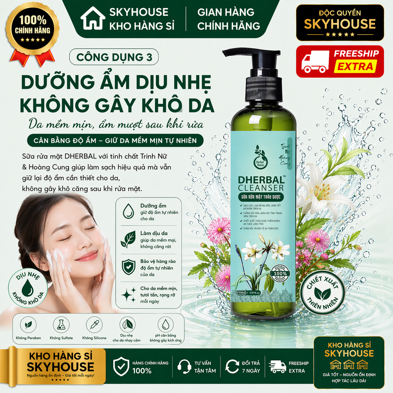 Sữa rửa mặt trị mụn thiên nhiên chiết xuất trinh nữ hoàng cung độc quyền DHERBAL chai 150ml dưỡng trắng da chính hãng