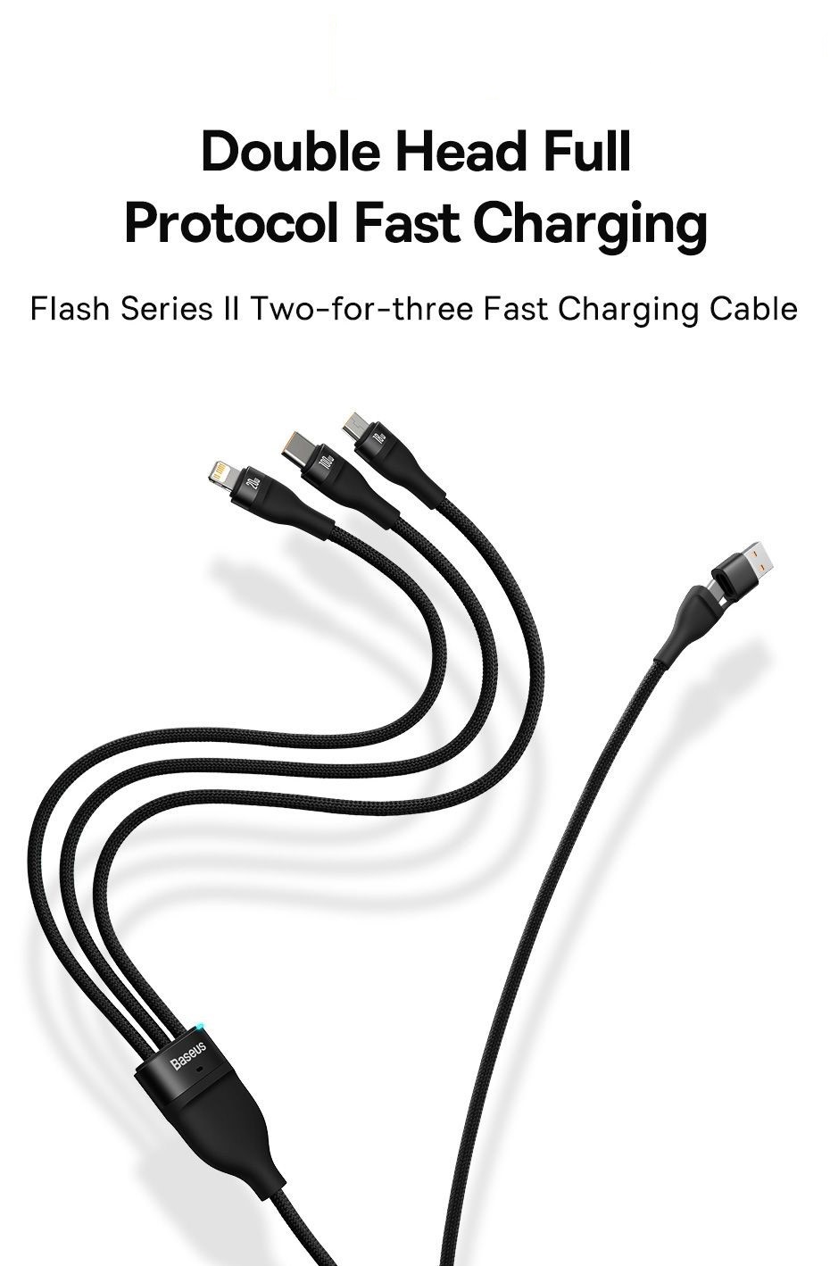 Cáp sạc nhanh 3 đầu Baseus Flash Series Ⅱ PRO Two-for-three Charging Cable U+C to M+L+C 100W (Hàng chính hãng)