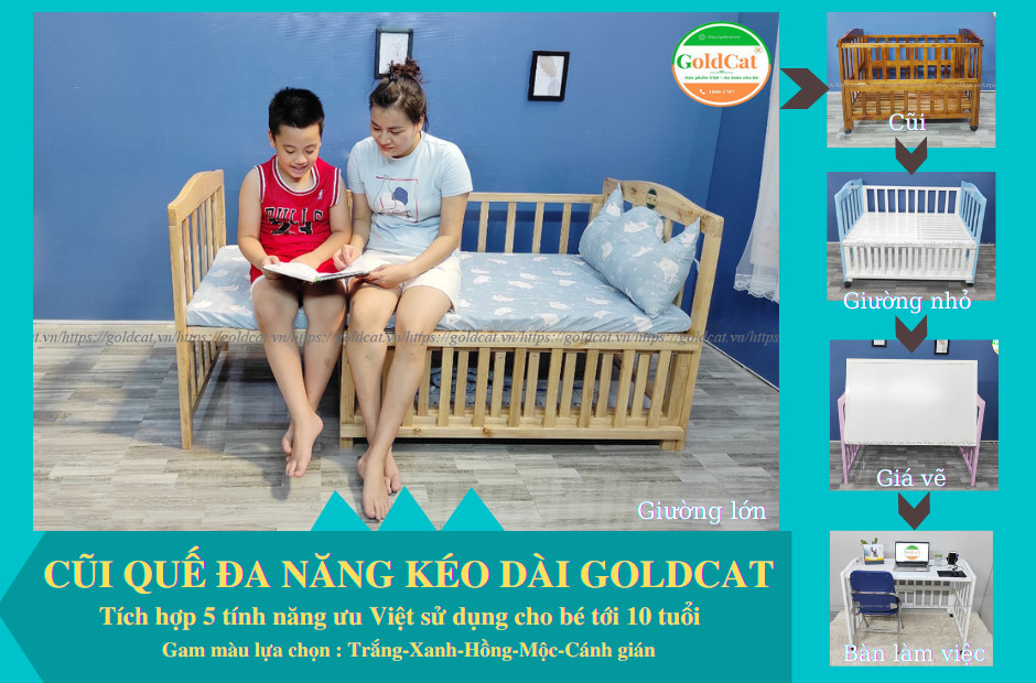 Cũi Cho Bé GOLDCAT Chất Liệu Gỗ Quế Tự Nhiên, Tích Hợp 5 Chế Độ Sử Dụng Cho Bé 0-10 Tuổi