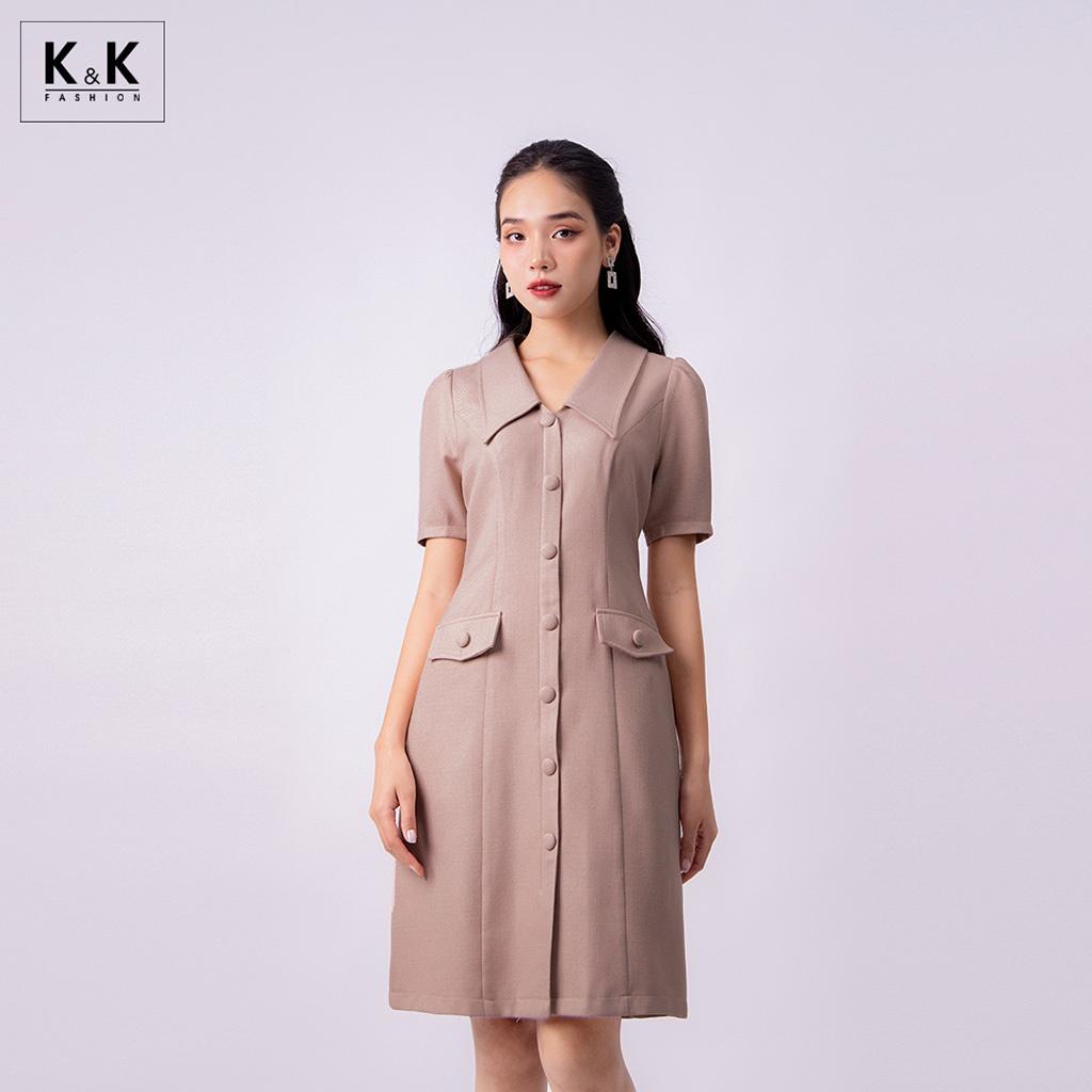 Đầm Sơ Mi Công Sở Phối Túi Giả K&K Fashion KK116-18 Chất Liệu Cotton Chéo