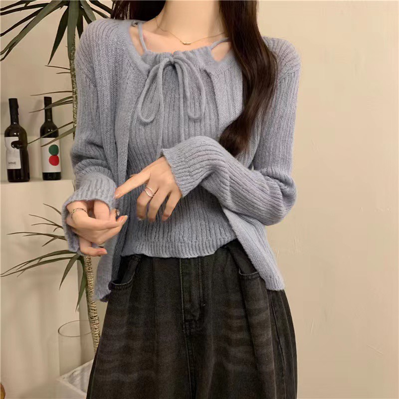 SET ÁO LEN CROPTOP DÂY CỔ YẾM TRƠN PASTEL + ÁO KHOÁC CARDIGAN LỬNG TAY DÀI DẠO PHỐ ĐI CHƠI ĐI BIỂN ĐI TIỆC