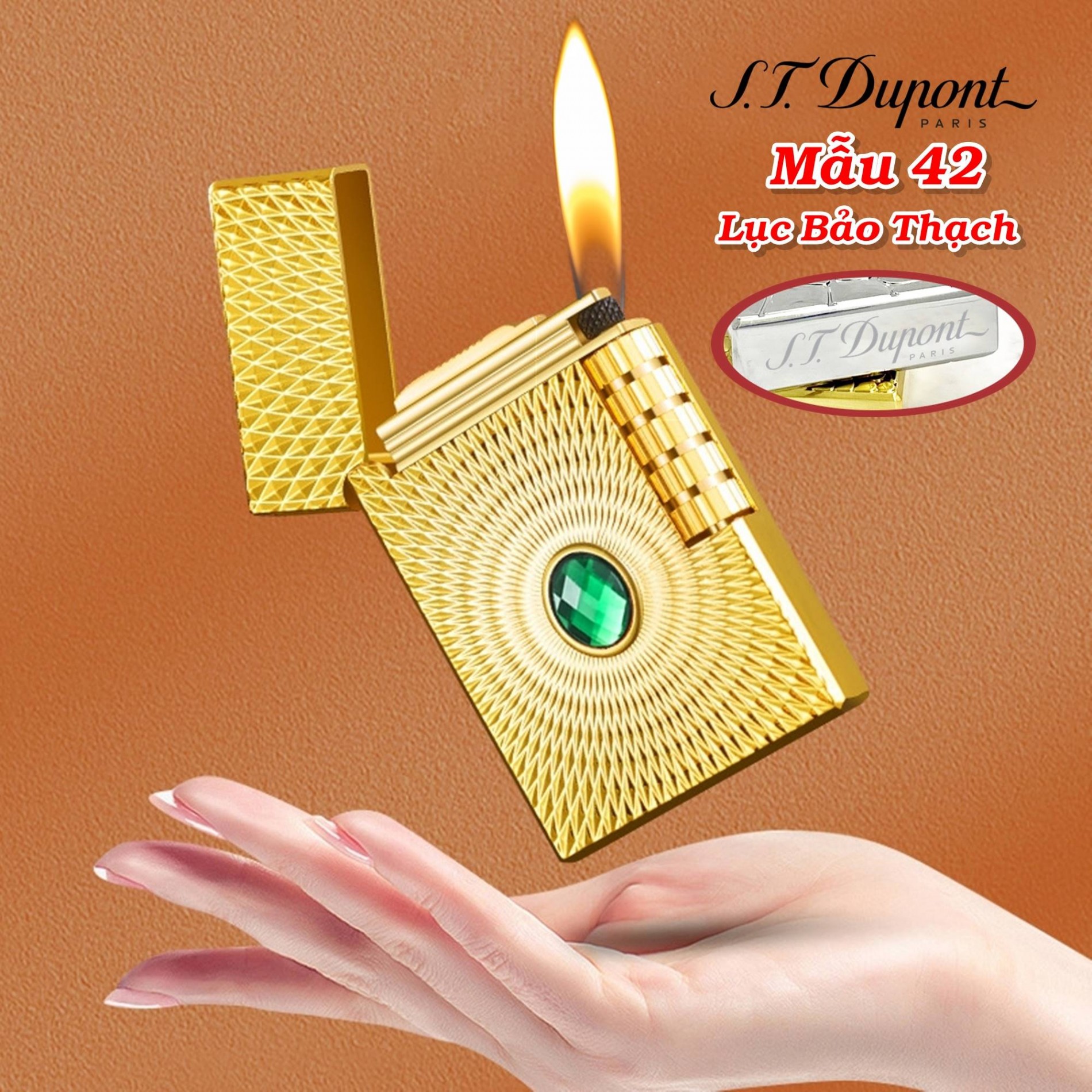 Bật lửa hột quẹt Dupont lốc xoáy cẩn ngọc Lục Bảo Thach M42 - xài gas