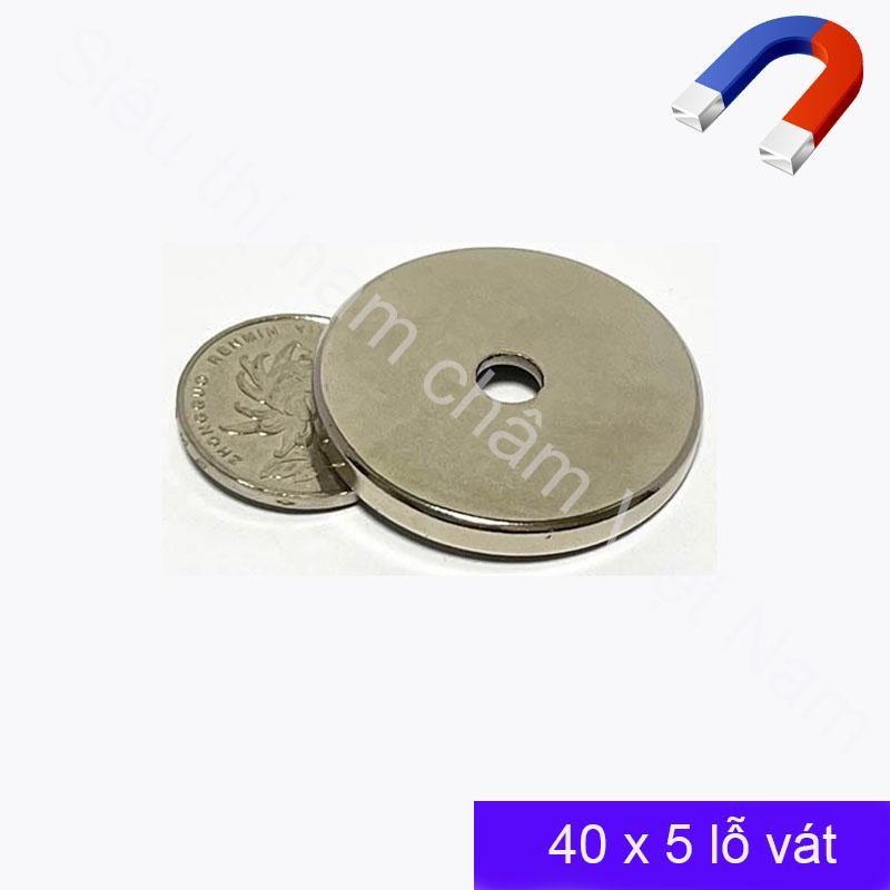 Nam châm đất hiếm tròn 40x5mm lỗ 6mm, nam châm siêu từ tính