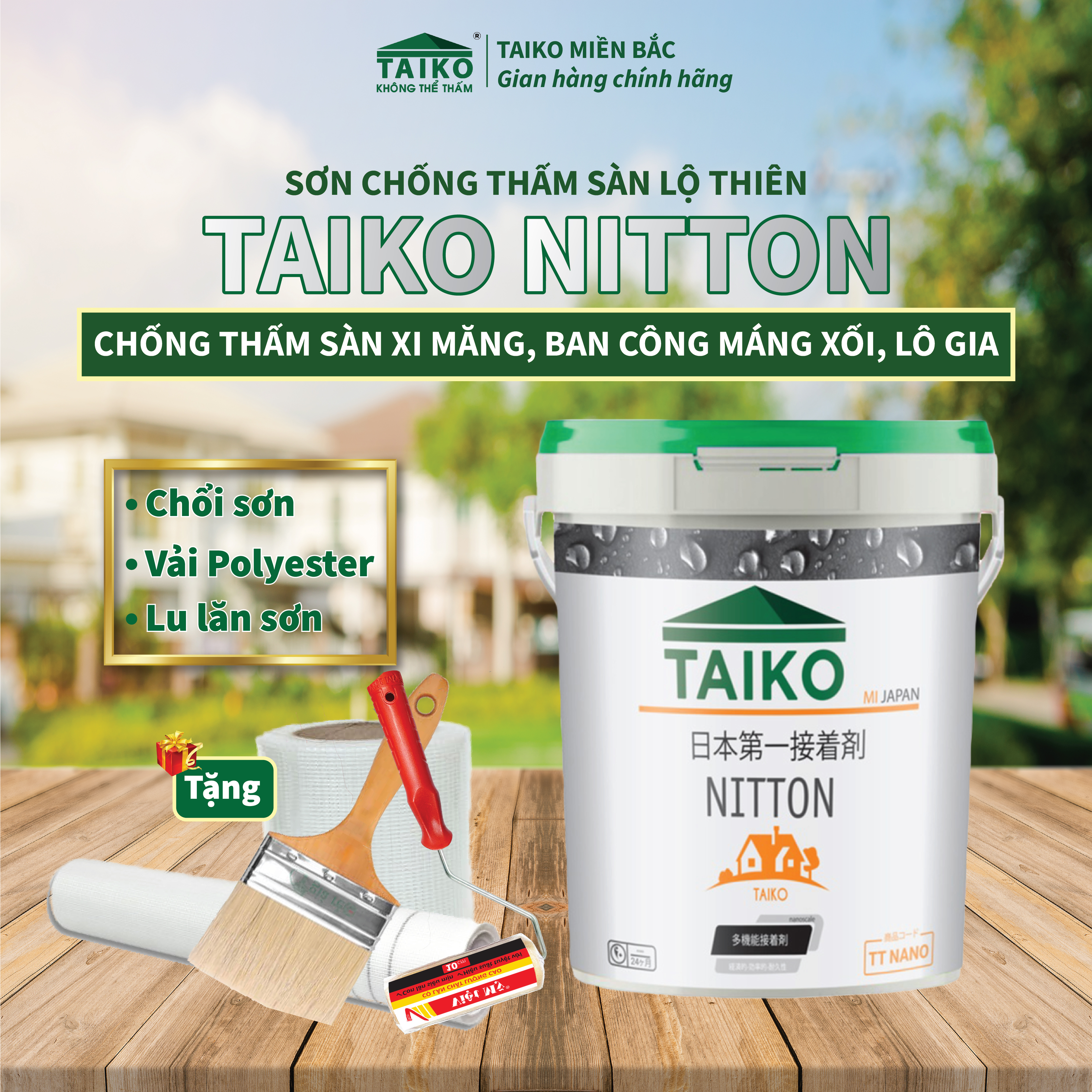 1Kg, 5Kg, 10Kg, 18Kg Sơn Chống Thấm Sàn Mái Lộ Thiên TAIKO NITTON Gốc Acrylic – Tặng Kèm Vải Kết Cấu Và Chổi Lăn Sơn – Chống Thấm Sàn Mái, Máng Xối, Ban Công Lô Gia, Bể Nước, Bể Cá, Bề Mặt Cát Xi Măng Hiệu quả hơn khi pha với Xi Măng – 10L – Trắng