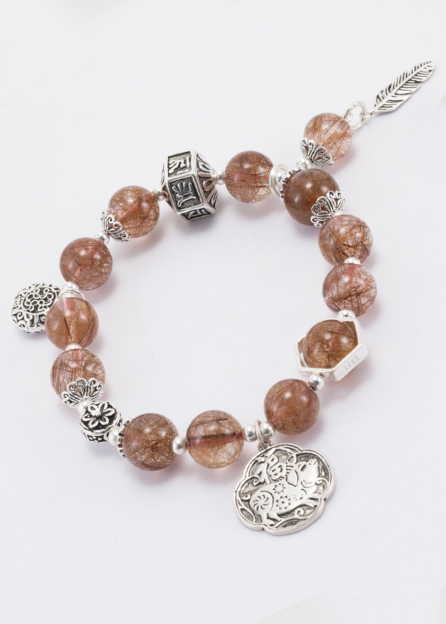 Vòng Thạch Anh Tóc Đỏ Phối Charm Heo Bạc  Ngọc Quý Gemstones