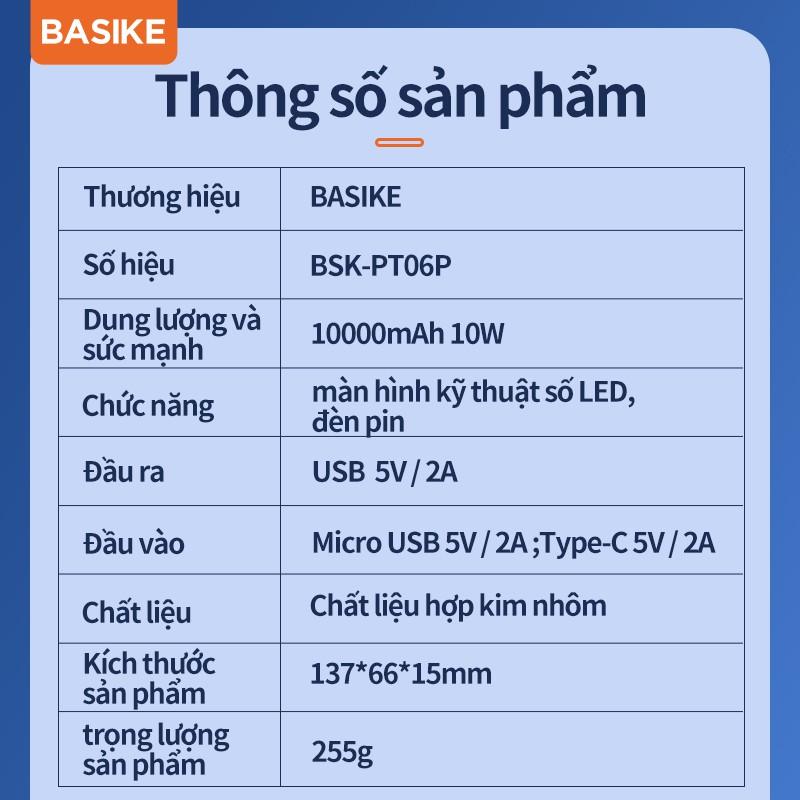 Sạc Dự Phòng BASIKE PT06 10000mah hỗ trợ sạc nhanh nguồn hiển thị kỹ thuật số nhỏ gọn cho iPhone Samsung OPPO-Hàng chính hãng