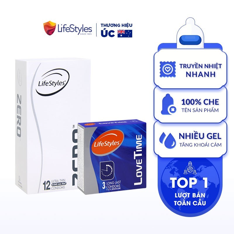 Combo 1 Hộp Bao Cao Su LifeStyles Love Time 3 bao + 1 Hộp Bao Cao Su LifeStyles Zero 12 bao