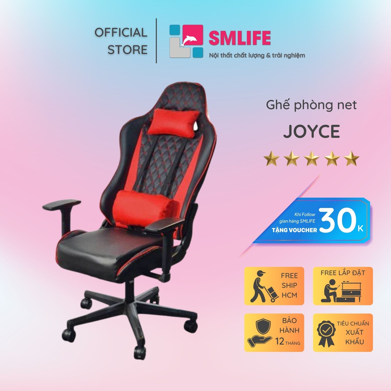 Ghế phòng net chân xoay có gối cao cấp SMLIFE Joyce