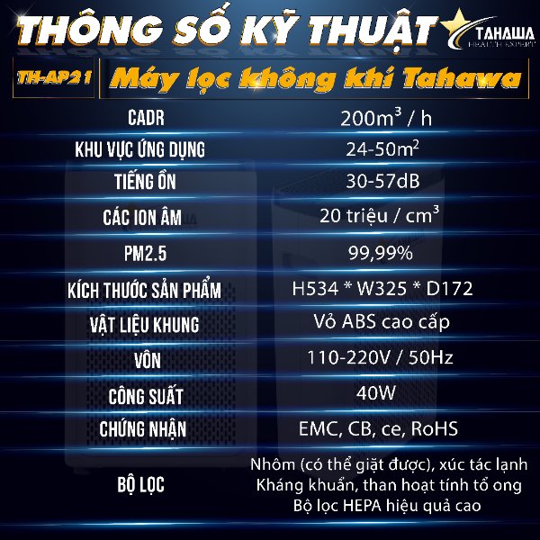 Máy lọc không khí hàng nhập khẩu chính hãng Tahawa Nhật Bản TH-AP21 - Công nghệ lọc không khí hiện đại, món quà dành tặng người thân yêu