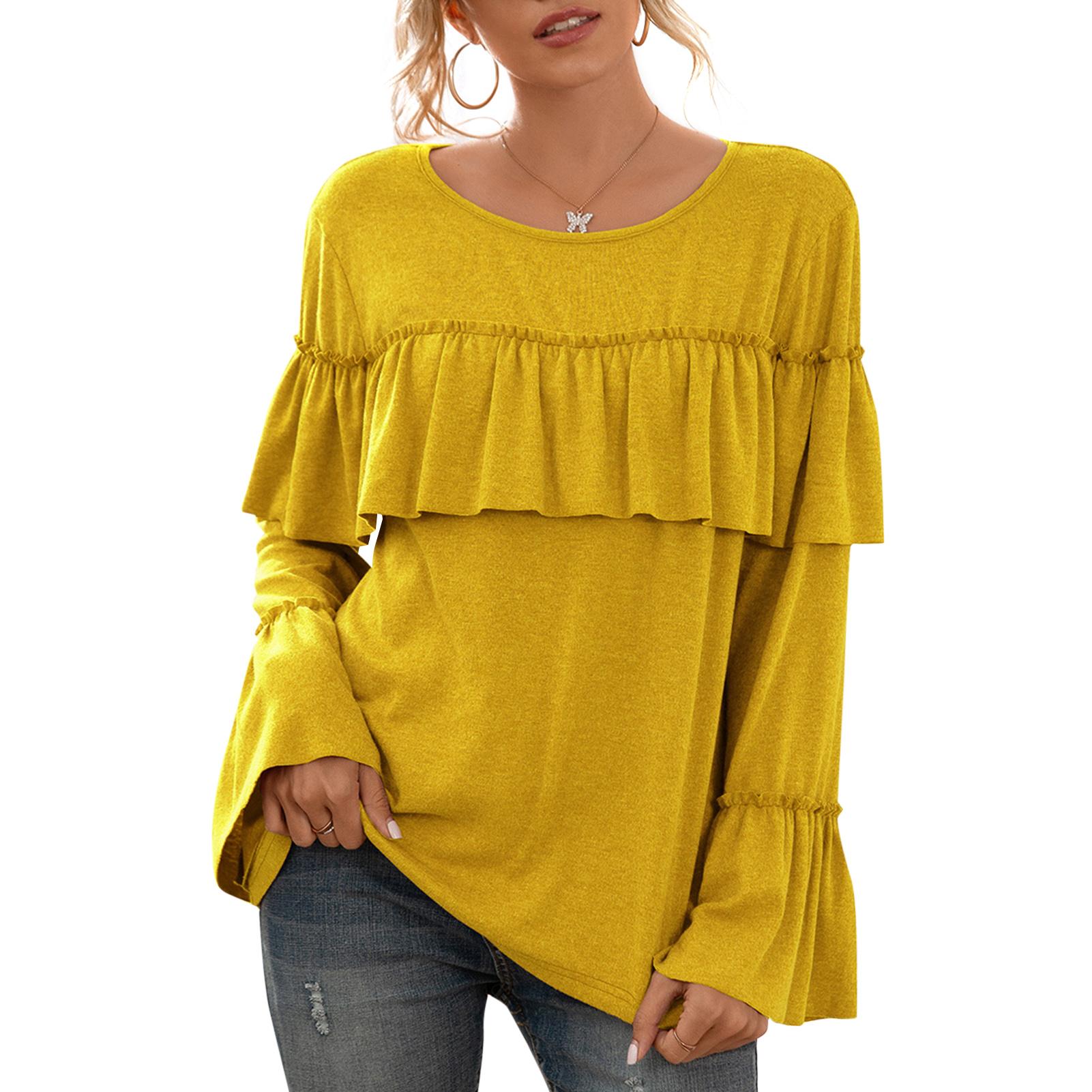Women Long Flare Sleeve Shirt Ruffles O-Neck Pullover Casual Loose Fit Solid Tops