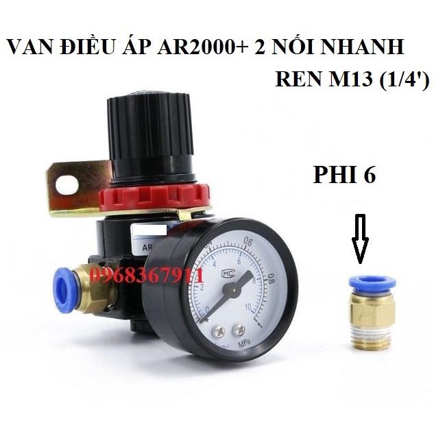 Van tăng giảm áp xuất khí nén AR2000 có kèm chân nối nhanh ống hơi 4-6-8-10-12mm