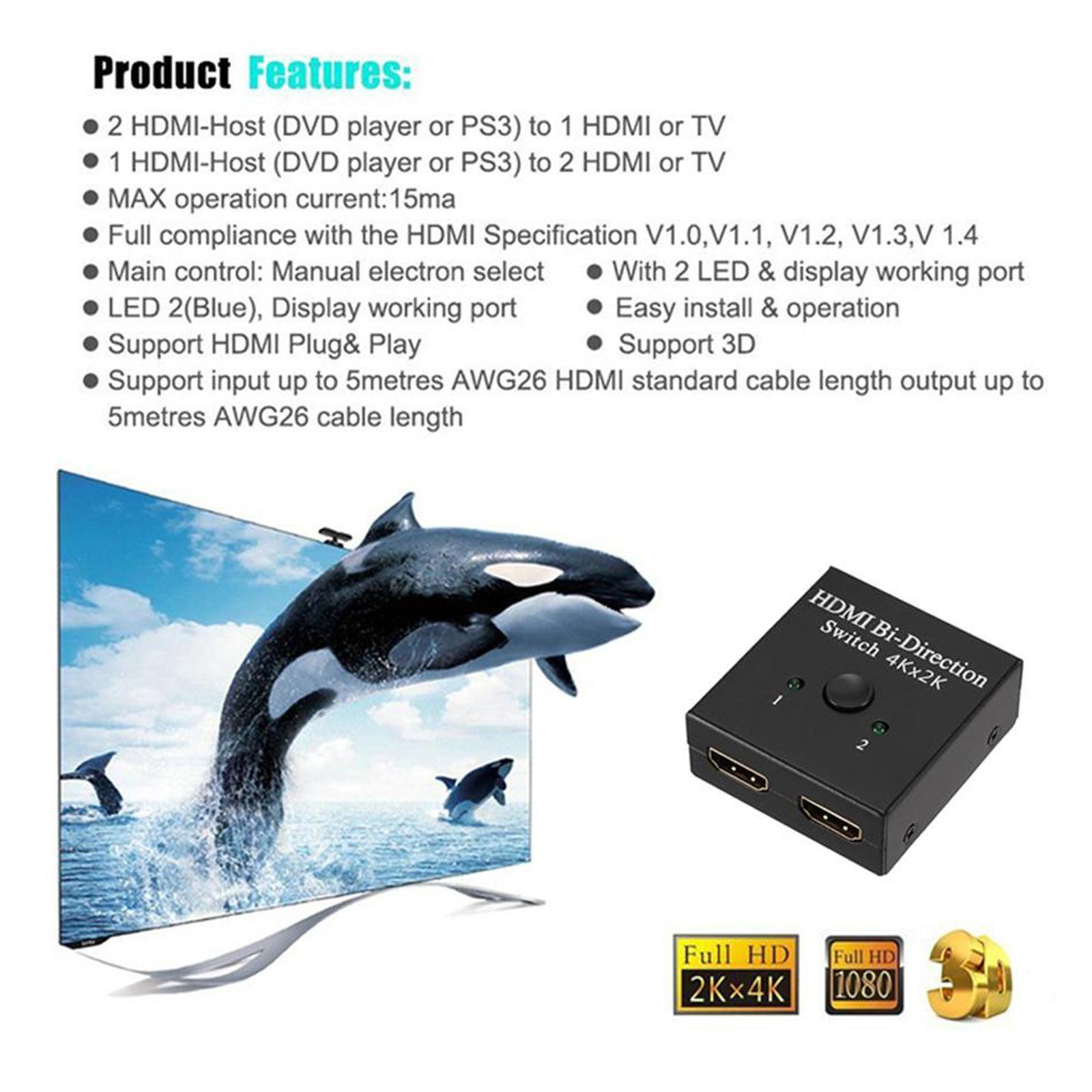 1080P 4K Switch Switcher 2 Splitter Hub 2 Ports For HDTV