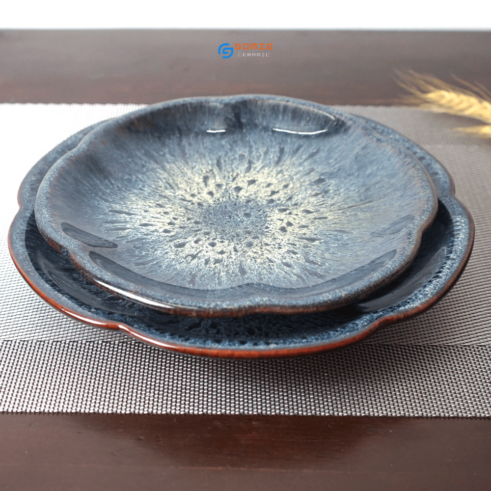Đĩa hoa anh đào men cẩm lai Sapphire hỏa biến Gomie Ceramic Bát Tràng, men hỏa biến cao cấp, an toàn sức khỏe