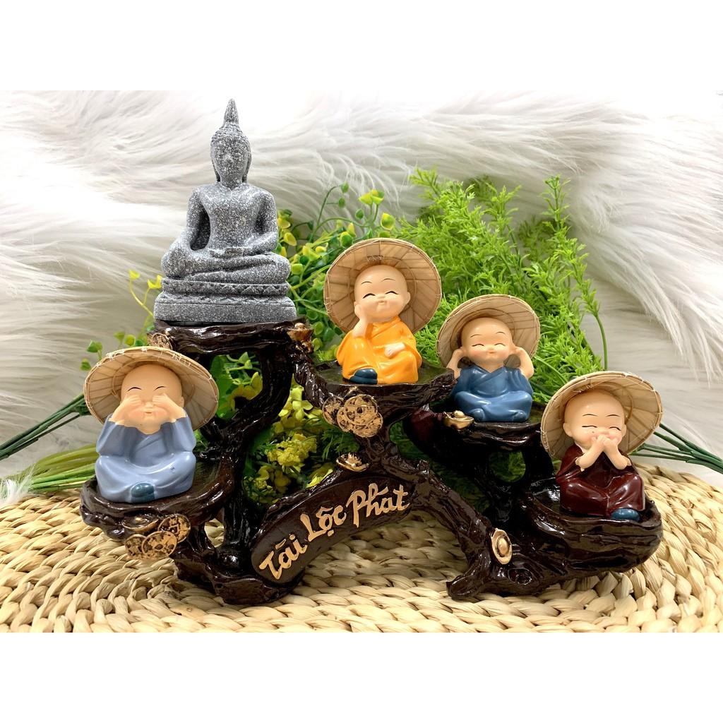 Set bộ tượng Bổn Sư Thích Ca cùng các Chú Tiểu Nón Len và Đế tượng
