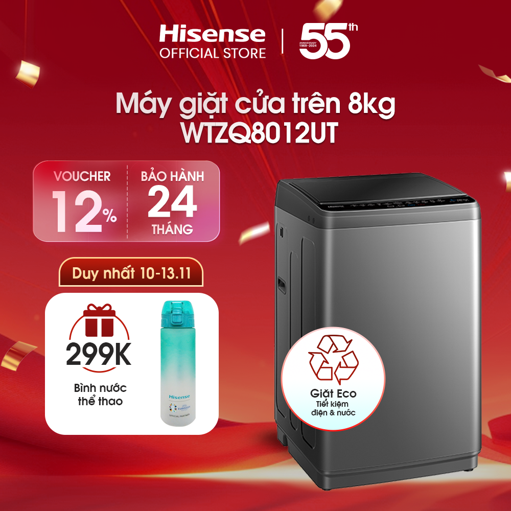 Máy giặt Hisense 8kg WTZQ8012UT Giặt Eco tiết kiệm điện năng, bảo hành 24 tháng - HÀNG CHÍNH HÃNG